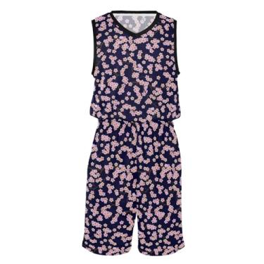 Imagem de CHIFIGNO Quick Dry Camisa de basquete masculina e shorts de uniforme esportivo para qualquer esporte, Flor de cerejeira rosa em azul, PP