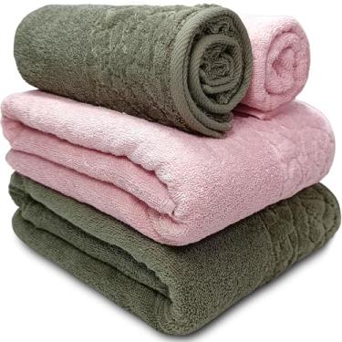 Imagem de Jogo de Toalhas de Banho Dohler Confort 500 100% Algodão Macia - Barra Jacquard Aveludada - 4 Peças (Mosaico Verde/Rosa)