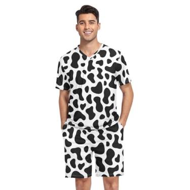 Imagem de KLL Conjuntos de pijama masculino com estampa de vaca preto e branco pijama de duas peças pijama de manga curta com bolsos, Mancha de vaca, preto e branco, XX-Large