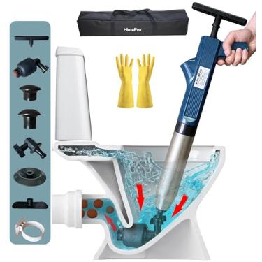 Imagem de HimaPro Kit de desentupidor de ar de drenagem de ar de alta pressão com alça azul - Desentupir vasos sanitários, pias de cozinha, ralos de chuveiro e canos com facilidade - Luvas de borracha bônus