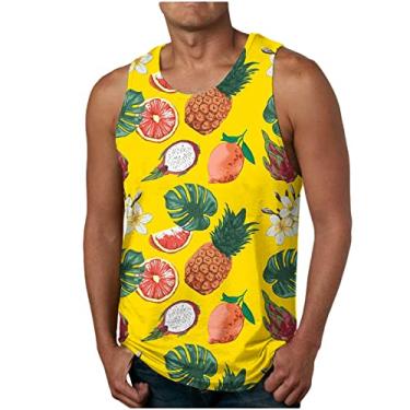 Imagem de Coletes masculinos outono verão gola canoa estampa floral pista academia praia havaiana camiseta regata tropical masculina 2024, P-05 amarelo mostarda, 6G