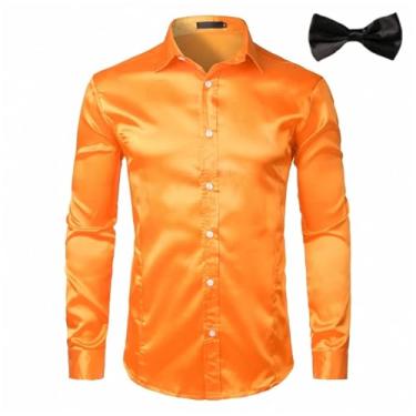 Imagem de ZMIN Camisa masculina de cetim de seda dourada com 2 peças (camisa + gravata) camisa masculina masculina com botões para festa de casamento, Laranja - 2, G