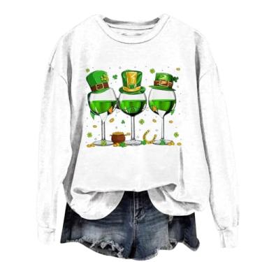 Imagem de Camiseta feminina St Patricks Day de manga comprida plus size gola redonda Lucky Love Irish Clover Happy St Patrick's Day Shirts, Branco, G