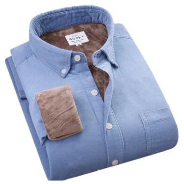 Imagem de Camisa masculina de veludo cotelê grosso de algodão quente, manga comprida, gola de botão, outono e inverno para homens, Azul claro, M