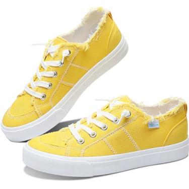 Imagem de Obtaom Tênis feminino Play Fashion branco lavado e lona leopardo sem cadarço, Amarelo limão, 37