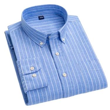 Imagem de Camisa xadrez casual de linho de algodão masculina respirável verão manga longa roupas listradas com bolso frontal, T0c18-06, P