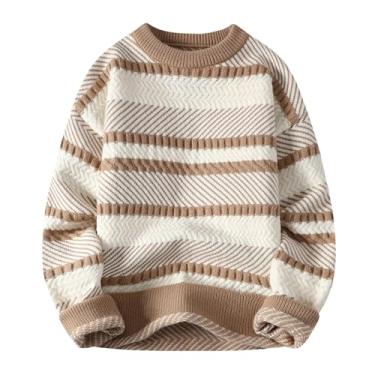 Imagem de Suéter masculino Argyle tricotado camada base contrastante suéter fino borda canelada gola redonda pulôver camada base, Cáqui, G