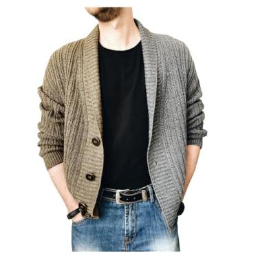 Imagem de Cardigã masculino cor contrastante, suéter de manga comprida, gola xale, botões, blusas soltas, Cáqui, P