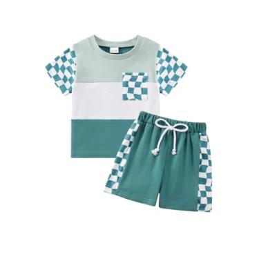 Imagem de Usaibhir Roupas para bebês meninos, roupas de verão, patchwork, xadrez, camiseta e shorts para meninos 1t 2t 3t 4t 5t, Verde, 4-5 T