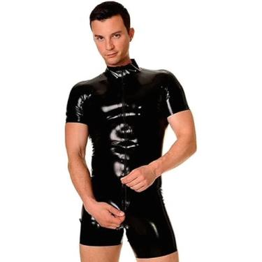 Imagem de SERTOWN Camiseta masculina sexy preta de borracha de látex com zíper frontal (prata, personalizada)