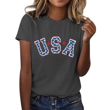 Imagem de Duobla Camisetas femininas de verão 2024 na moda 4 de julho camisetas com estampa de laço de cereja com coração fofo camiseta com letras engraçadas roupas modernas, A-2-cinza escuro, 3G