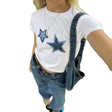 Imagem de Y2k Camiseta feminina de manga curta com estampa de laço de estrela fofa para bebês frutas cereja estética adolescentes meninas, Estrela branca, M