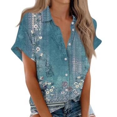 Imagem de Camisetas femininas de verão com botões de manga curta, estampa floral, gola V, gola V, camisa de acampamento, nº 15 - azul-marinho, XXG