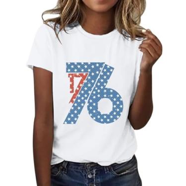 Imagem de Camiseta feminina com bandeira americana 2024 4 de julho Patriotic Shirts 1776 Stars Graphic Crew Neck Tops de verão, Branco, G
