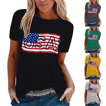 Imagem de Camisetas femininas 4 de julho verão bandeira americana listras estrelas tops manga curta túnica Memorial Day Patriotic Festival, 1 preto, P