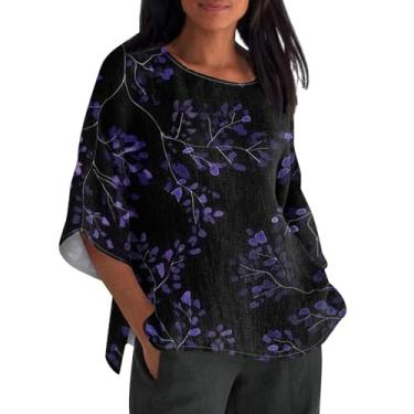 Imagem de Camiseta feminina de linho com estampa floral, manga 3/4, gola redonda, caimento solto, confortável, túnica vintage, Azul escuro, XXG