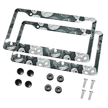 Imagem de HOSNYE Moldura de placa de licença de caveira de açúcar preto e branco 2 peças desenho do dia dos mortos estilo indiano metal lindas placas de licença molduras placas de licença capas de placa de carro para mulheres homens veículos dos EUA