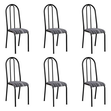 Imagem de Kit 6 Cadeiras De Cozinha Flórida Estampado Preto Listrado Pés De Ferro Preto