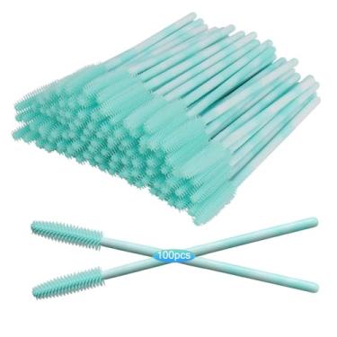 Imagem de 100 varinhas de rímel de silicone, varinha de rímel descartável, carretéis de silicone, escova de cílios macios para extensões de cílios, mastro de dois tons com suporte (verde)