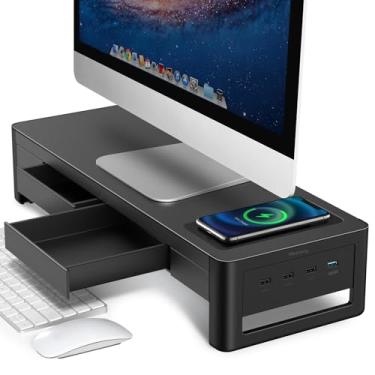 Imagem de meatanty Suporte de monitor 3 em 1 com 2 gavetas, 1 módulo de carregamento sem fio e 4 portas USB, suporte de metal para computador, transferência de dados e carregamento, organizador de mesa para PC,
