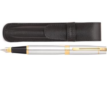 Imagem de Sheaffer Conjunto de caneta cromada 300 com acabamento dourado e bolsa de couro para presente (ponta fina))