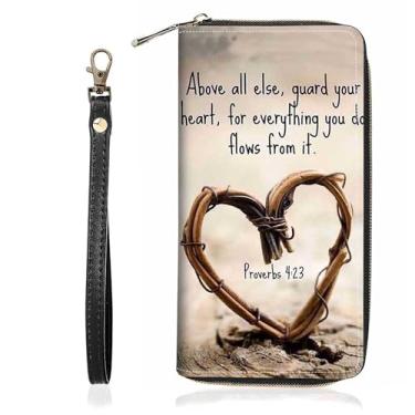 Imagem de BWOOLL Carteira feminina com estampa de citação inspiradora, carteira de grande capacidade, porta-cartão de crédito, couro PU, zíper, bolsa clutch carteira para telefone, Citação Versículo da Bíblia