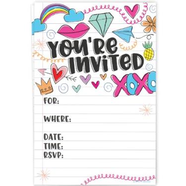 Imagem de Convites divertidos para meninas Doodles (20 unidades) com envelopes - pré-adolescentes - Convites de aniversário de solteira