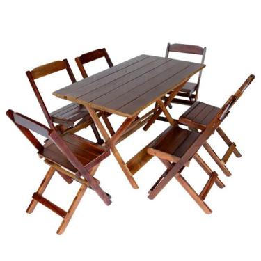 Imagem de Jogo Conjunto 1 Mesa 120x70 e 6 Cadeiras Bar Dobrável em Madeira - Com