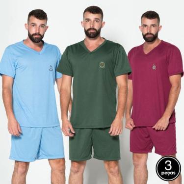 Imagem de Kit 3 Pijama Masculino Gola V Fechado Conjunto Curto Short Blusa Adult
