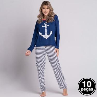 Imagem de Kit 10 Pijamas Longo Malha Pv Inverno Feminino Âncora - WLS Modas, GG,