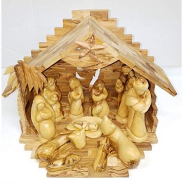 Imagem de Conjunto de histórias de Natal de Natal esculpido em madeira de oliveira de Belém com estábulo pelo Lion of Judah Market (estábulo musical de 28 cm com estatuetas sem rosto de 12,7 cm)