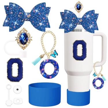 Imagem de Conjunto de acessórios para copos Stanley de 8 peças, incluindo tampa e bota de cobertura de canudo de silicone, tampa à prova de derramamento, pingente de alça, adesivo Lette (azul escuro O)