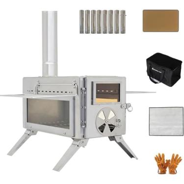 Imagem de Fogão a lenha, fogão a lenha de acampamento inclui vidro de visor, fogão a lenha portátil com 7 chaminés isoladas de aço inoxidável para abrigo, caça, cozinha ao ar livre e aquecimento (aço inoxidável 304)