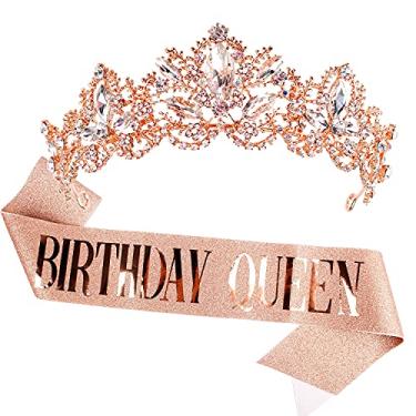 Imagem de Aprince Tiara de aniversário e coroa feminina – Tiara Queen de ouro rosa para casamento, baile, festa, dia das bruxas