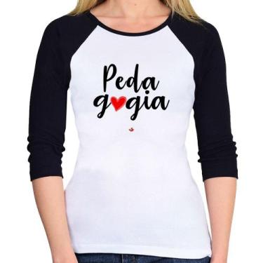 Imagem de Baby Look Raglan Pedagogia por amor Manga 3/4 - Foca na Moda, Branco, 