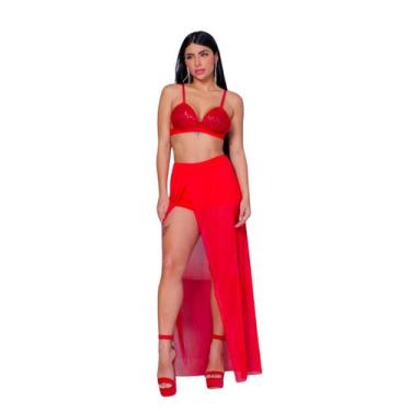 Imagem de Conjunto Feminino Cropped Brilhante Com Saia Fenda Transparencia Moda 