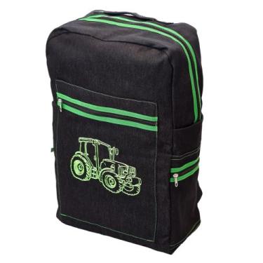 Imagem de Mochila Jeans Feminino Masculino Desenho Trator Compartimento Zíper Es