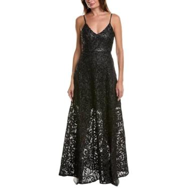 Imagem de Taylor Dresses Vestido feminino com alças finas, decote em V, renda e sobreposição, saia completa, Preto e preto, 44