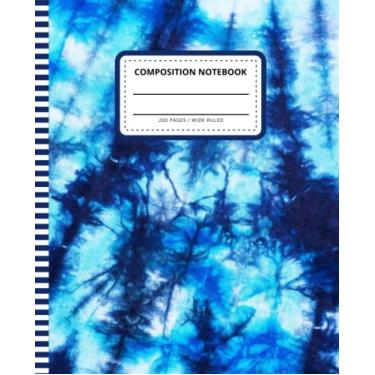 Imagem de Caderno de composição tie dye: 19 x 23,5 cm / 200 páginas (100 folhas) / Papel pautado largo para escrever - dever de casa - notas - rabiscos - escola em casa / traseira... Padrão abstrato azul marinho azul-petróleo - arte têxtil