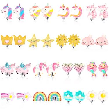 Imagem de 16 pares de brincos de pressão para meninas conjunto de brincos infantis joias infantis para meninas unicórnio estrela coroa sereia coração arco-íris sol para lembrancinhas de festa crianças princesa brincar, plástico, resina, Sem pedras preciosas