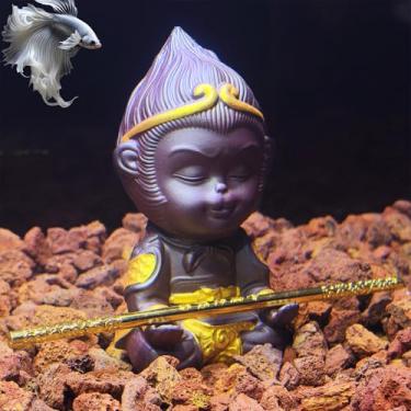Imagem de SpringSmart Sun WU Kong com JIN GU Bang Conjunto para decoração de aquário de peixes, ornamentos de mesa de cerâmica WU Kong feitos de lama roxa natural, decoração de peixe Betta de aquário (nº 2)