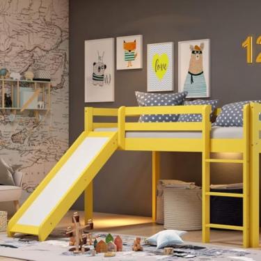 Imagem de Cama Alta Kids com Escorregador em Madeira Maciça/MDF Amarelo