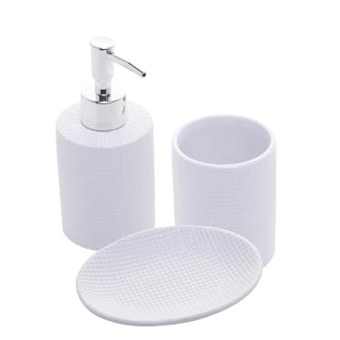 Imagem de LYOR - Conjunto 3 Peças para Banheiro de Cerâmica Lille Branco - 1 Porta Sabonete Líquido, 1 Saboneteira e 1 Porta escova de dentes