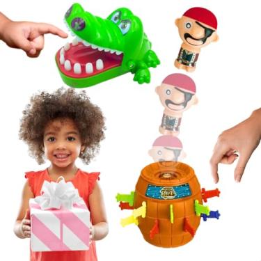 Imagem de Kit 2 Brinquedos Barril Pula Pirata + Crocodilo Morde Dedo Jogos de tabuleiro infantil Interativo dia das Criança Presente menina menino 5 anos natal aniversario