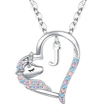 Imagem de Anoup Presentes de unicórnio para meninas – Colar com inicial de unicórnio, banhado a ouro 14 K, hipoalergênico | Pingente de diamante simulado de zircônia cúbica colorida | Joias de unicórnio fofas |