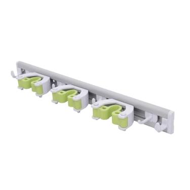 Imagem de Pine-Sol Suporte de esfregão e vassoura – Suporte de parede para pendurar com 3 compartimentos e 6 ganchos – Organizador de ferramentas de limpeza ajustável para garagem, cozinha e armário utilitário