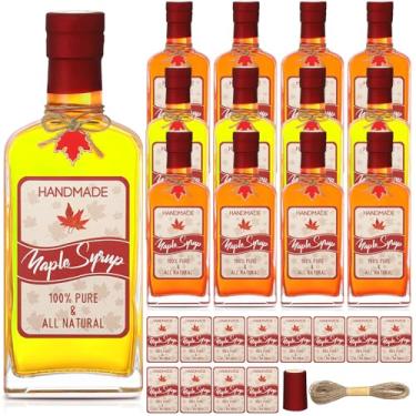 Imagem de LOYIM 12 garrafas de vidro de xarope de bordo a granel de 227 g garrafa de vidro transparente com tampas de cortiça, recipientes de xarope reutilizáveis, adesivos de xarope de bordo para presentes de