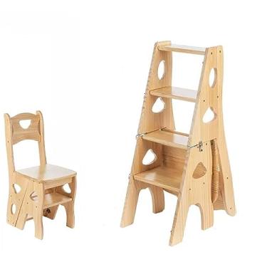 Imagem de Escada dobrável de 4 níveis, cadeira de madeira multifuncional conversível 3 em 1, capacidade de 150 kg, escada para exibição de plantas e prateleira de armazenamento para biblioteca, degrau dobrável