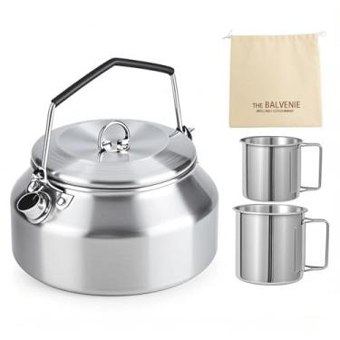 Imagem de Conjunto de chaleira de acampamento com 3 peças, chaleira de acampamento ao ar livre com 2 xícaras, chaleira de aço inoxidável de 1L, bule de café portátil, leve, ideal para caminhadas, piquenique,