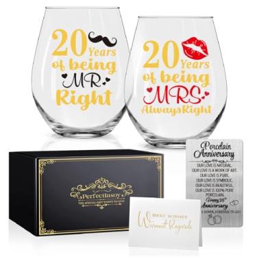 Imagem de Perfectinsoy Conjunto de 2 taças de vinho 20 Years of Being Mrs Always Right com cartão de memória metálico, presentes de aniversário de 20 anos para pais, esposa, alma gêmea, casal, presente de marco